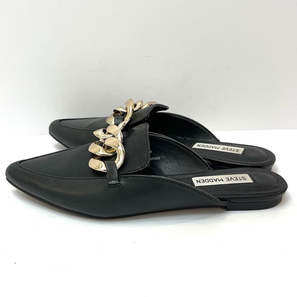 Steve Madden Slip On Black Flat Mule With Gold Chain Leather Size 6 - Picture 2 of 7